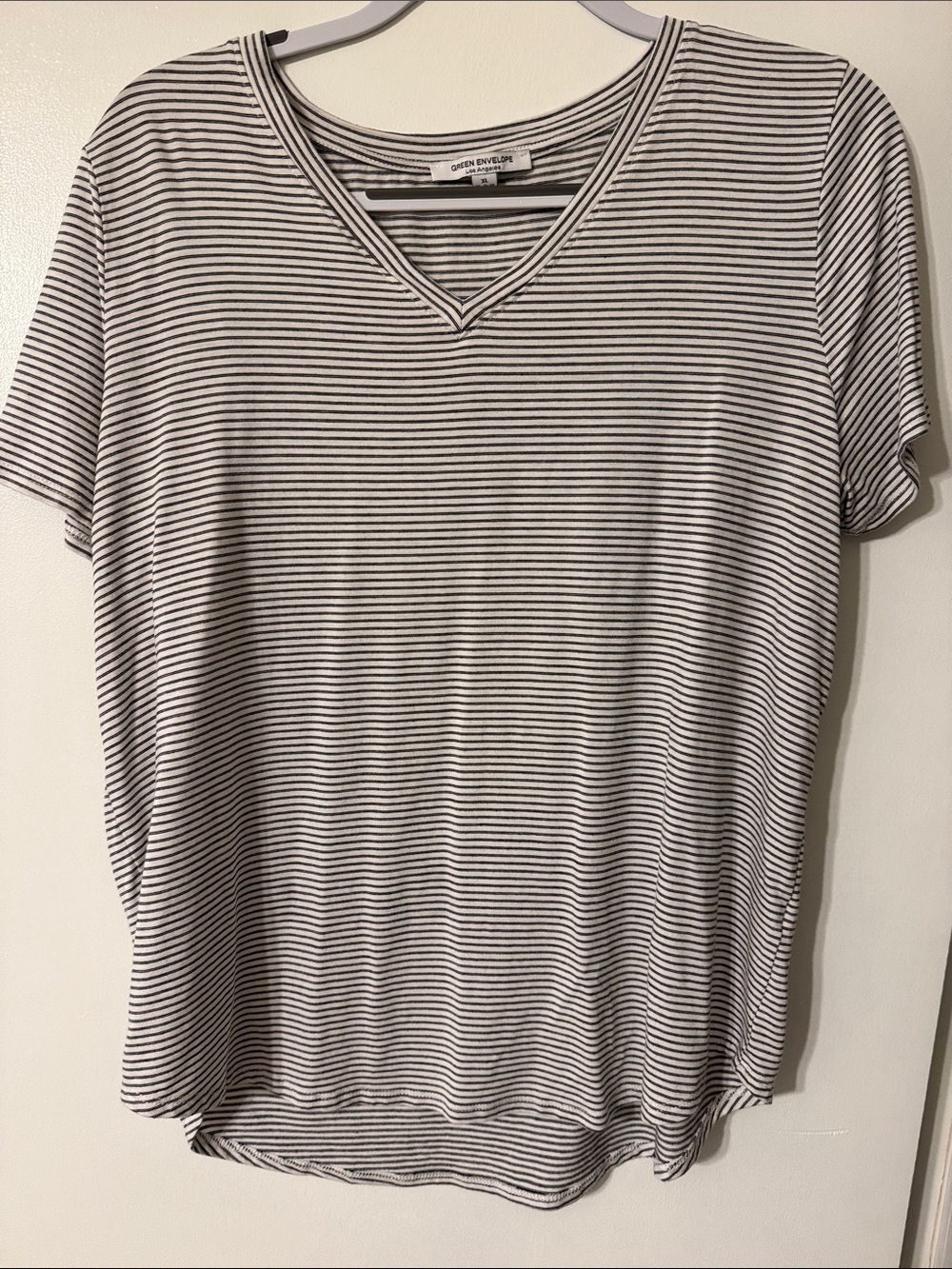 Green Envelope Womens Black & White Striped V-Neck Tee